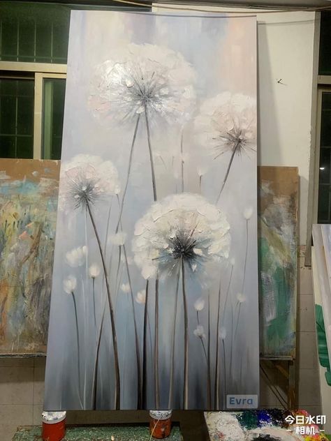 Dandelion Acrylic Painting, Dandelion Painting Acrylic, Dandelion Drawing, Dandelion Painting, Dandelion Wall Art, Easy Flower Painting, Butterfly Art Painting, Minimal Painting, Fur Texture