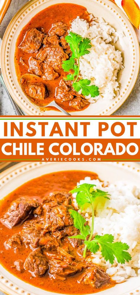 Instant Pot Chile Colorado, comfort food recipes, easy weeknight dinner Chili Colorado Recipe Beef Instant Pot, Instant Pot Chile, Chili Colorado, Colorado Food, Chile Colorado, Averie Cooks, Comfort Food Recipes Dinners, Insta Pot, Food Dinner