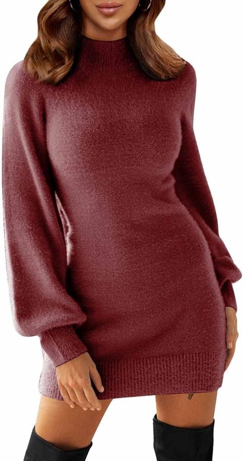 Feature: Long puff sleeve style, turtleneck, flattering slim fitted, chic bodycon sweater dresses, hits at mid thigh, body hugging; solid long sweaters dress #AD Dark Purple Outfit, Green Wallpaper Backgrounds, Wallpaper Backgrounds Green, Autumn Casual Outfits, Wallpaper Backgrounds Christmas, Barbiecore Fashion, Winter Dresses For Women, Backgrounds Green, Purple Sweater Dress