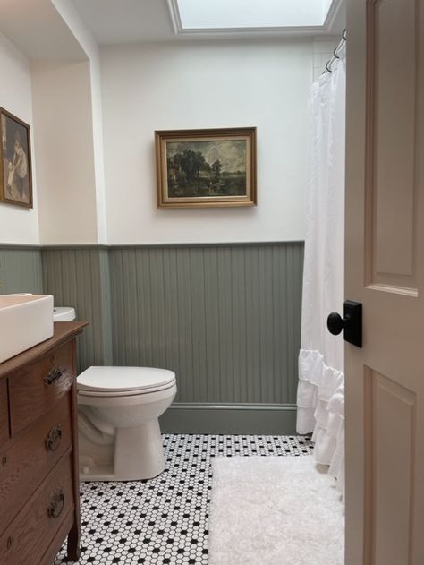 Bathroom With Half Paneled Walls, Beadboard Toilet Room, Horizontal Wainscoting Bathroom, Bathroom Ideas With Waynes Coating, Half Bathroom Beadboard, Panel Board Bathroom, High Beadboard Bathroom, Back To Wall Toilet And Sink, Toilet Room Paneling