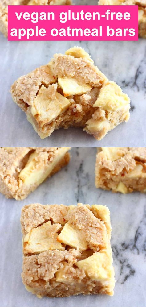 These Vegan Apple Oatmeal Bars are soft and chewy, lightly spiced and packed with chunks of sweet, juicy apples! They're quick and easy to make, require just a few simple ingredients, and the recipe is easily customisable. They're also gluten-free, dairy-free, egg-free and refined sugar free, and can also be made completely sugar free and oil-free. They're great for dessert, a snack or breakfast, and also perfect for meal prep and packed lunches. Easy Vegan And Gluten Free Desserts, Gluten Free Oil Free Vegan Recipes, Vegan Apple Oatmeal Bake, Egg Free Bars, Fat Free Sugar Free Recipes, Soy Free Dessert Recipes, Vegan Oatmeal Bars Breakfast, Gluten Free Dairy Free Sugar Free Snacks, Vegan Apple Recipes Easy