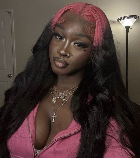 Dark Skin Wig, Wigs Skunk Stripe, Pink Wigs For Black Women, Pink Roots, Lace Front Body Wave, Pink Wigs, Barbie Ponytail, Skunk Stripe, Color Wigs