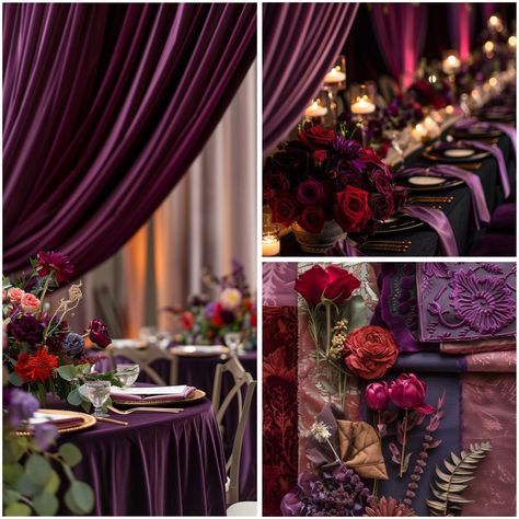 Purple and Red Wedding Theme Ideas & Color Schemes Wedding Theme Ideas Color Schemes, Purple And Red Wedding Theme, Wedding Theme Ideas Color, Purple Wedding Palette, Purple And Red Wedding, Red Wedding Receptions, Deep Purple Wedding, Dark Moody Wedding, Wedding Vow Renewal Ceremony