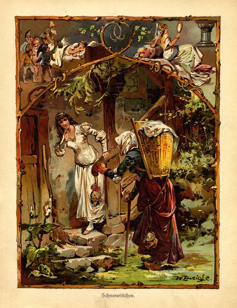 Blanche-Neige | Snow White, c1919 | From a book of German fairy tales called Märchenbuch c1919. German Folk Magic, German Fairy Tales, Sette Nani, German Folk, Fairytale Nursery, 동화 삽화, Fairy Tale Illustration, Classic Fairy Tales, Fairytale Illustration