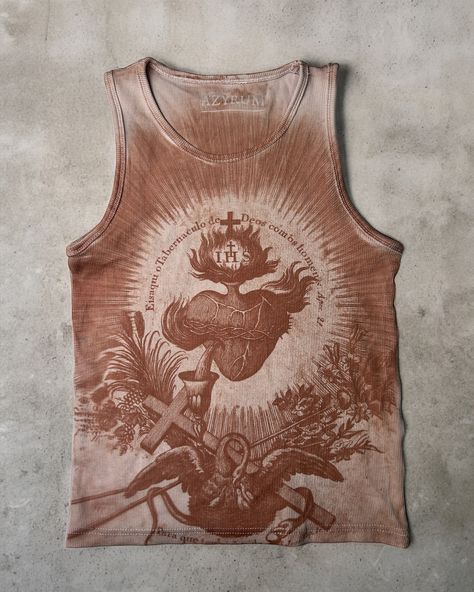 Sacred Heart - brown hand printed tank top #cyanotype #sunprint #fashion #artistsoninstagram Cyanotype Shirt, Bleached Tank Top, Bleached Top, Bleaching Clothes, Sun Prints, Brown Tank Top, Heart Tank Top, Fabric Embellishment, Brown Hand