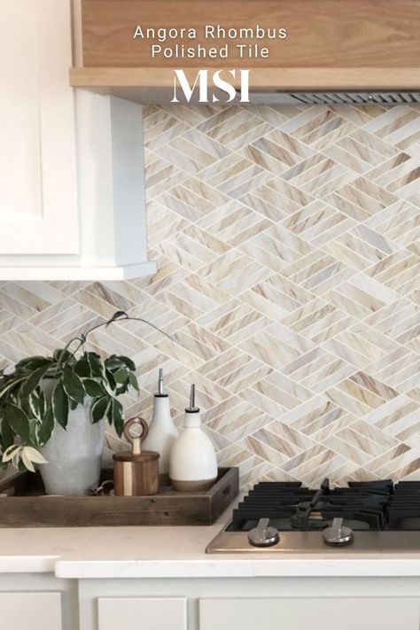 Angora Rhombus Tile, Subtle Pattern Backsplash, Wood Grain Backsplash, White Kitchen Cabinets With Tan Backsplash, Champagne Backsplash Kitchen, Kitchen Backsplash With Tan Cabinets, White Grey Brown Backsplash, Kitchen Backsplash Ideas Boho, Cream Backsplash White Cabinets