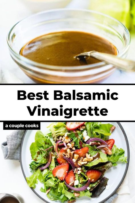 This balsamic vinaigrette recipe is one of the best salad dressings you’ll make! It’s classic, tangy, and easy to make at home. Pop over to my site for the recipe! | condiments | salad dressing | salads | Balsamic Vinegarette, Dipping Bread, Easy Homemade Salad Dressing, Balsamic Vinaigrette Salad, Balsamic Vinaigrette Recipe, Homemade Balsamic Vinaigrette, Salad With Balsamic Dressing, Balsamic Vinaigrette Dressing, Basil Vinaigrette