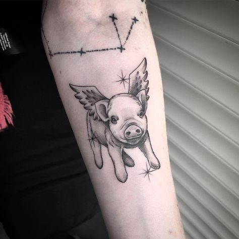 Pigs Fly Tattoo, Pig Tattoo Ideas, Flying Pig Tattoo, Tats Ideas, Pig Tattoo, Pigs Fly, Stick And Poke, Flying Pig, Black Work