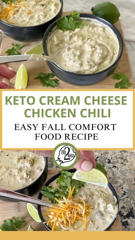 Keto Cream Cheese Chicken Chili is an easy fall recipe. This rich, creamy keto cream cheese chicken chili is exactly what you need this winter to warm your bones! Chili is one of my favorite meals. Especially during the colder months of the year. There are so many different chili recipes out there, it’s impossible for me to pick a favorite. I gravitate towards beanless chili recipes to keep things as low carb and keto as possible. #keto Keto Cream Cheese Chicken, Keto Cream Cheese Recipes, Different Chili Recipe, Beanless Chili Recipe, Paleo Chicken Chili, Beanless Chili, Cream Cheese Chicken Chili, Keto Cream Cheese, Soup Keto