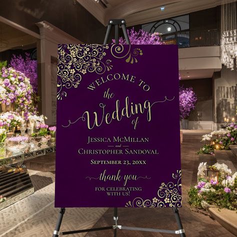 $43.20 | Elegant Gold Lace on Plum Purple Wedding Welcome #wedding welcome sign, thank you for celebrating, names of couple and date, stylish classy and sophisticated, decorative fancy corners, elegant script calligraphy, ornate filigree, gold floral curls and swirls, golden faux foil lace frills, deep plum purple background Purple And Gold Wedding Theme, Plum Wedding Decorations, Purple Indian Wedding, Plum Purple Wedding, Brides Hairstyles, Plum Wedding Invitations, Asia Wedding, Purple Wedding Reception, Purple Wedding Decorations