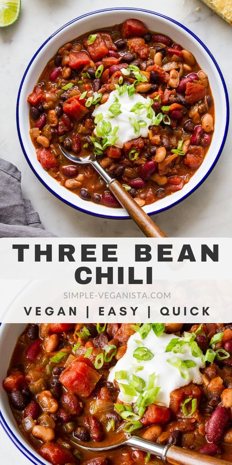 Low Cost Dinners For Two, Vegetarian Recipes Chili, Chili Recipe Vegan, Three Bean Chili Recipe, Chili Vegan, Three Bean Chili, Vegan Chili Recipe, Vegan Chilli, Cake Pizza