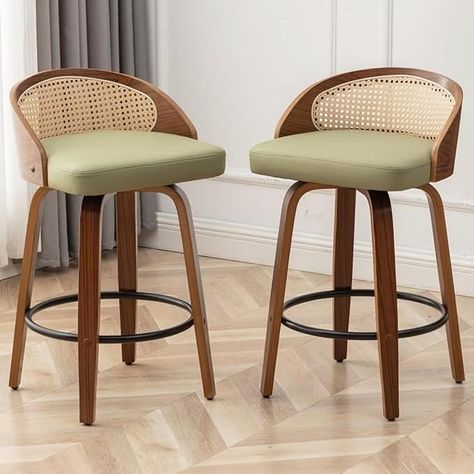 Amazon.com: YOUUGIOR 26" Swivel Rattan Bar Stools Set of 2,Mid-Century Modern Green Faux Leather Upholstered Counter Height Stools,Kitchen Island Barstool with Rattan Low Backrest,Walnut Wood Finish Bar Chairs : Home & Kitchen Stools Kitchen Island, Chairs For Kitchen Island, Green Kitchen Island, Walnut Wood Finish, Mid Century Modern Bar, Rattan Bar, Stools Kitchen, Island Chairs, Island Stools