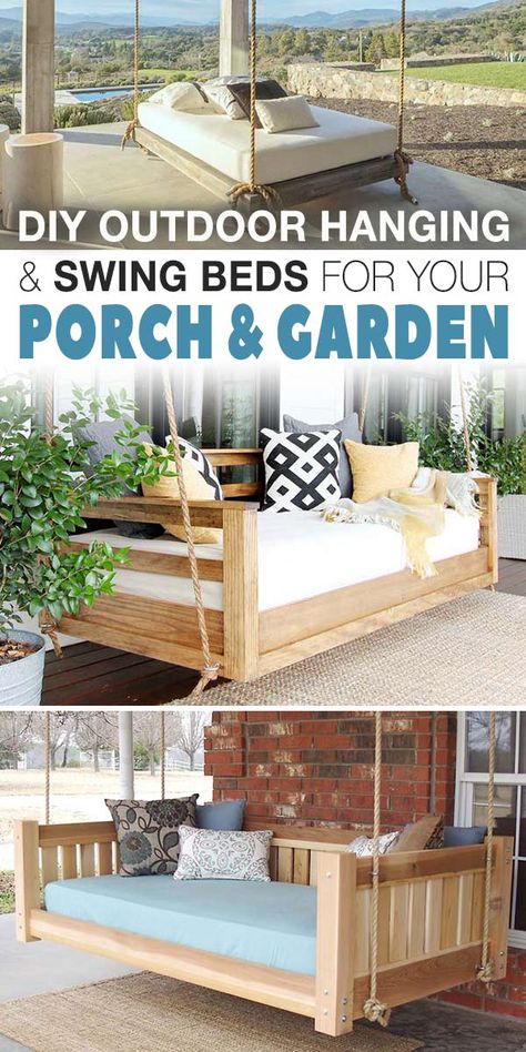 Outdoor Hanging Bed, Diy Porch Swing Bed, Diy Porch Swing, Porch Swing Bed, Swing Bed, Hanging Beds, Hanging Bed, Porch Furniture, Bed Swing