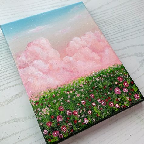 Pink Cloud Painting Acrylic, Pink Landscape Painting Acrylic, Pink Background Acrylic Painting, Pink Flowers Painting Acrylic, Simple Landscape Painting Ideas, Cloud Landscape Painting, Painting Sky Acrylic, Acrylic Painting Inspo Aesthetic Easy, Cloud Painting Easy