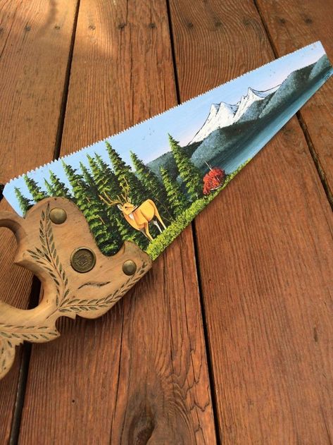 Old Hand Saw Ideas Projects, Hand Saw Painting Ideas, Saw Painting Ideas, Old Saw Blades Ideas Paintings, Saw Blades Ideas, Saw Painting, Hand Saw Art Ideas, Deer Painting, Hand Saws