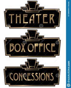 Illustration about Theater Box Office Art Deco Concessions Signs Elegant 1920s 1930s 1940s Gold and Black Isolated. Illustration of playing, entertainment, elegant - 128064594 Ornamental Corner, Deco Cinema, Basement Movie Room, Art Deco Theater, Cinema Sign, Theatre Inspiration, Theatre Sign, Movie Room Decor, Home Cinema Room