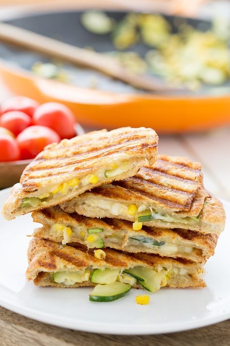 Zucchini & Corn Panini with Pepper Jack Cheese - Oh My Veggies! Vegetarian Panini, Zucchini Corn, Grilled Sandwiches, Panini Recipes, Vegetarian Sandwich, Vegetarian Recipe, Pepper Jack Cheese, Pepper Jack, Zucchini Recipes