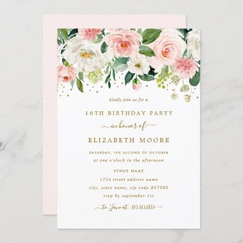 Elegant Floral Blush Gold 16th Birthday #blush #gold #pink #floral #flowers #botanical #blushandgold #birthday #16th #sweetsixteen 90th Birthday Invitations, 70th Birthday Invitations, 100th Birthday Party, Floral Birthday Invitations, 80th Birthday Invitations, 16th Birthday Invitations, 21st Birthday Invitations, 60th Birthday Invitations, 30th Birthday Invitations