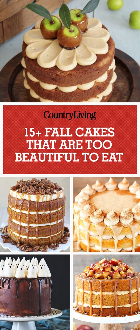 Get inspired by these eye-catching and delicious fall cake recipes featuring apples, pumpkin, pecans, caramel, and more autumn flavors. Seasonal Cake Flavors, Autumn Cake Flavors, Halloween Cake Flavors, Autumn Cake Decorating, Fall Themed Cakes, Upsherin Ideas, Fall Themed Cake, Fall Theme Cakes, Fall Cakes Decorating