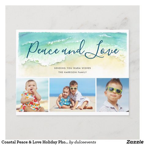 Coastal Peace & Love Holiday Photo Postcard Beach Holiday Card, Green Calligraphy, Wave Crashing, Watercolor Holiday, Turquoise Watercolor, Watercolor Wave, Christmas Holiday Photos, Merry Christmas Photos, Coastal Holiday