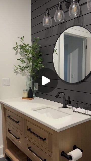 Erica Soutar on Instagram: "This has always been my favorite bathroom in our home.   I love the iron ore accent wall but should we color drench and really make it dark and moody? Let me know below 🤭😍 . . . #interiordesign #bathroomdesign #colordrench #accentwall #ironore #neutral #home" Dark Gray Accent Wall Bathroom, Sw Iron Ore Bathroom, Iron Ore Powder Room, Iron Ore Bathroom Walls, Iron Ore Sherwin Williams Accent Wall, Iron Ore Bathroom, Black Wall Bathroom, Iron Ore Accent Wall, Iron Ore Sherwin Williams