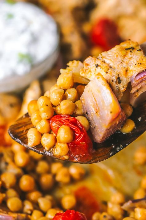 This One Pan Roasted Chicken with Chickpeas & Tomatoes is a simple, easy and delish dinner. Plus it's packed with 48g of protein per serving! Chickpea And Tomato Recipe, Chickpeas And Tomatoes, Chicken With Chickpeas, Chicken Chickpeas, Pan Roasted Chicken, Pulses Recipes, Chicken Chickpea, One Pan Chicken, Recipe Sheets