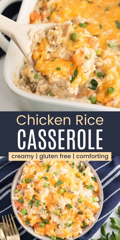 Cheesy Chicken Rice Casserole - this creamy gluten-free chicken and rice casserole is full of cozy, amazing flavor! A healthier twist on classic comfort food, and so easy to make! Gluten Free Chicken Casserole, Cheesy Chicken And Rice Casserole, Gluten Free Casserole Recipes, Cheesy Chicken Rice Casserole, Cheesy Chicken And Rice, Gluten Free Casserole, Cheesy Chicken Rice, Chicken And Rice Casserole, Creamy Chicken And Rice