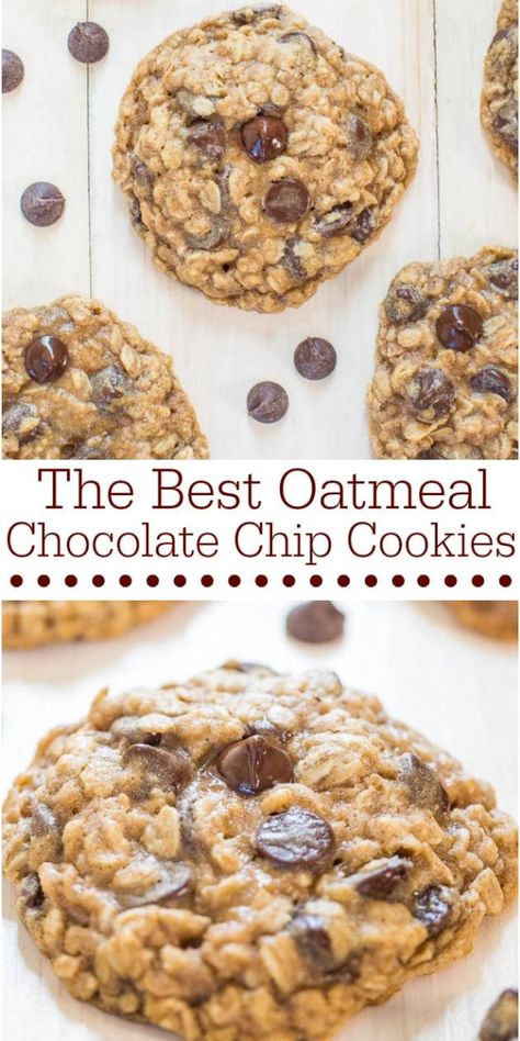 The Best Oatmeal Chocolate Chip Cookies - Averie Cooks Oat Meal Cookies Recipes Simple, Oatmeal Peanut Butter Chocolate Chip, Best Oatmeal Chocolate Chip Cookies, Quick Chocolate Chip Cookies, Chewy Oatmeal Chocolate Chip Cookies, Chip Recipes, The Best Oatmeal, Oatmeal Chocolate Chip Cookie Recipe, Eclair Recipe