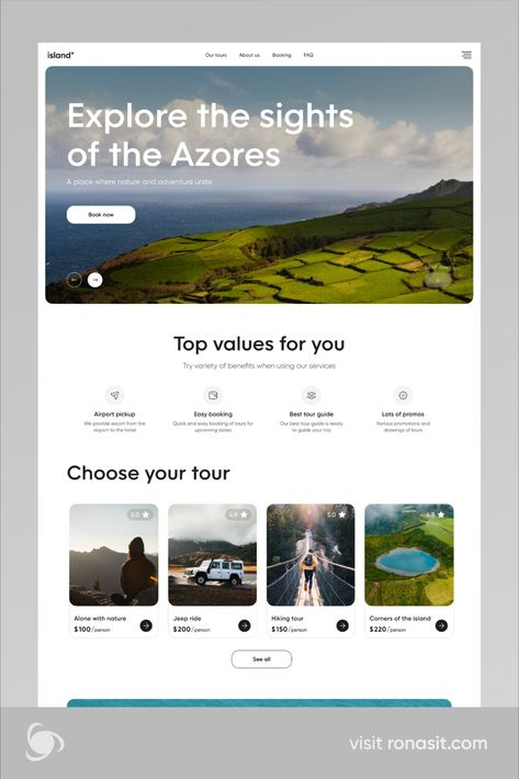 Hi everyone! We are thrilled to present the design of our new landing page for an app that allows users to book tours to the Azores Islands. 

The landing page for this travel app consists of several sections: the main block describing the service, a section highlighting the advantages, a tour selection block, a travel blog, and a section for purchasing tours. Simple Webpage Design, Blog Ux Design, Tour Guide Website Design, Website For Projects, Simple Web Design Inspiration, News Landing Page, Service Section Website Design, Travel Web Design Inspiration, Travel Web Site Design