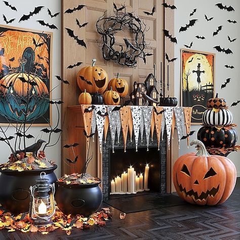 Bat Wall Decor Halloween Decorations, Cheap Halloween Party, Pelottava Halloween, Halloween Fireplace, Halloween Mantle, Halloween Fest, Diy Halloween Decor, Cheap Halloween, Halloween Kitchen