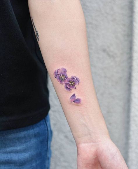 Purple Flower Tattoo, Purple Tattoo Ink, Pansy Tattoo, Purple Flower Tattoos, Violet Flower Tattoos, Violet Tattoo, Purple Tattoos, Flower Wrist Tattoos, Cool Forearm Tattoos