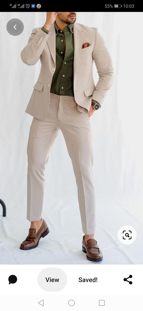 Beige Suit Green Shirt Men, Beige Blazer Outfit Men Casual, Tan Suit Green Shirt, Men’s Cream Suit, Beige Blazer Outfit Men Wedding, Cream Dress For Wedding Guest, Court Suit For Men, Cream Color Pants Outfit Men, Cream Color Outfits Men