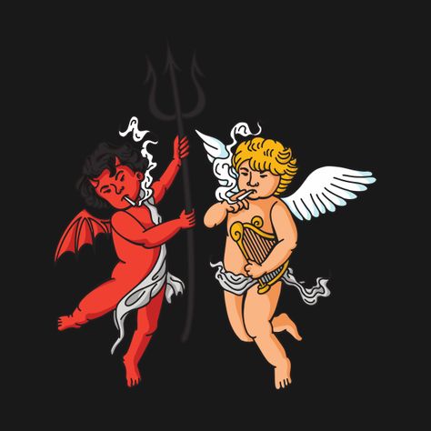 Angels And Demons Drawing, Angel And Demon Art, Demons And Angels Aesthetic, Angel And Devil Wallpaper, Angel And Demon Aesthetic, Angel And Devil Aesthetic, Angel And Demon Illustration, Angel Graphic Design, Demon And Angel