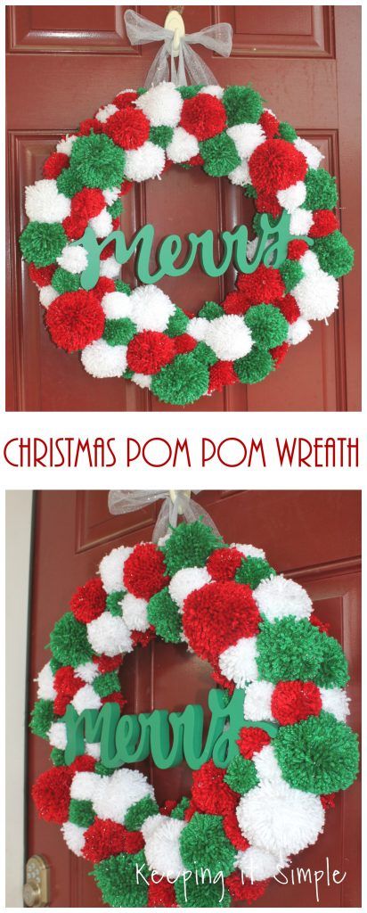 Diy Christmas Pom Pom, Christmas Pom Pom Wreath, Christmas Pom Pom Crafts, Make Pom Poms, Christmas Pom Pom, Pom Wreath, Diy Pom Poms, Pom Pom Wreath, Christmas Wreaths Diy Easy