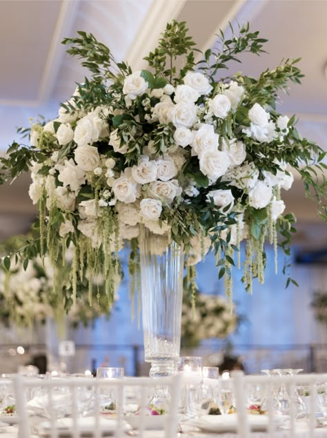 Fern Wedding Arrangement, Tall Flower Arrangements Wedding, Drifted Apart, Green Wedding Centerpieces, Rhodes Wedding, Green And White Wedding, Green Wedding Flowers, Tall Wedding Centerpieces, White Centerpiece