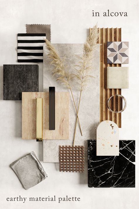 Earthy material palette created for one of our recent interiors. Color And Material Palette, Natural Material Moodboard, Earthy Material Palette, Brown Material Board, Material Palette Mood Boards, Material Palette Interior Design, Natural Materials Interior, Natural Moodboard, Material Moodboard