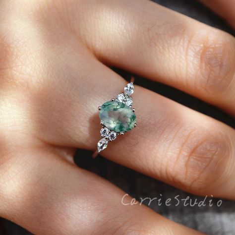 Silver Green Engagement Ring, Dark Academia Engagement Ring, Coquette Engagement Ring, Silver Moss Agate Engagement Ring, Engagement Rings Silver Unique, Unique Silver Engagement Rings, Moss Agate Engagement Ring Silver, Vintage Engagement Rings Silver, Green Gemstone Engagement Rings