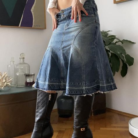 XX By MEXX Jeans vintage y2k midi low waist flare... - Depop Midi Skirt Denim, Midi Skirt Vintage, Vintage Midi Skirt, Flare Denim Jeans, Denim Jean Skirt, Jeans Skirt, Thrift Finds, Skirt Vintage, Denim Flares