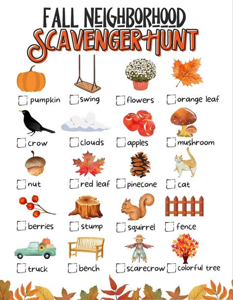 Family Fall Scavenger Hunt Ideas, Halloween Scavenger Hunt In The Woods, November Scavenger Hunt, Call Activities For Preschool, Fall Themed Scavenger Hunt, Signs Of Fall Scavenger Hunt, Toddler Fall Scavenger Hunt, November Scavenger Hunt For Kids, October School Age Activities