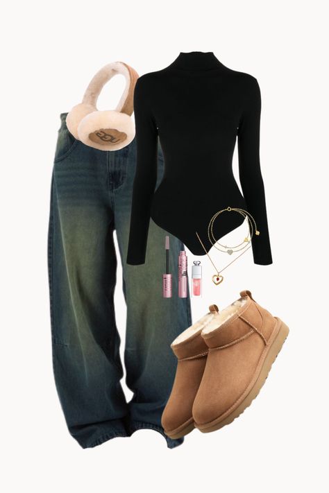 outfit inspo, outfit idea, school, fall/winter, clean girl, y2k, aesthetic, vintage | dark blue bagy oversized washed low waist jean, black long sleeve bodysuit, gold jewellery, gold red heart necklace, gold blue diamond bracelet, brown ultra mini uggs, maybelline skyhigh mascara, dior lip oil, uggs headphone earmuffs Dark Wash Jeans Outfit Fall, Dark Brown Jeans Outfit, Skyhigh Mascara, Black Ugg Outfit, Outfit Idea School, Blue Bodysuit Outfit, Brown Uggs Outfit, Winter Clean Girl, Mini Ugg Outfit