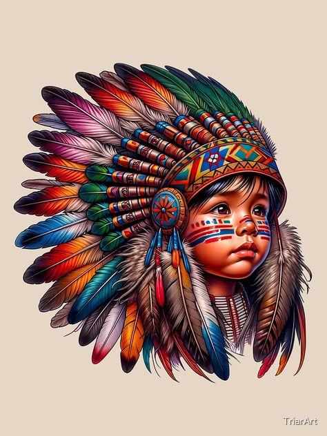 This captivating artwork showcases a young Indian child, pride and wisdom shining through their eyes, adorned with a meticulously detailed and vibrant national feather headdress. Native American Tattoo Art, Headdress Art, Indian Feather Tattoos, Native American Tattoo, Easy Disney Drawings, Indian Feathers, Native American Headdress, Native American Paintings, Native American Artwork