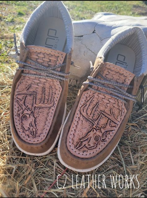 Hand tooled leather topped hey dudes made by me. Check them out on FB at C2 Leather Works! Hey Dudes With Leather Work, Hey Dudes Leather Work, Hey Dude Leather Tooled, Tooled Leather Hey Dude Shoes, Tooled Leather Hey Dudes, Leather Hey Dudes, Hay Dudes, Cute Hey Dudes, Custom Hey Dudes