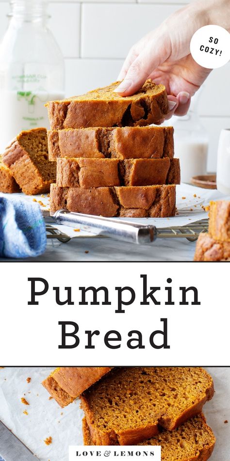 The BEST pumpkin bread recipe! This easy pumpkin bread is super moist, warmly spiced, and filled with pumpkin flavor. Made with whole wheat flour and olive oil, it's healthy, too! The perfect fall breakfast or snack. | Love and Lemons #pumpkin #fall #baking #pumpkinbread Pumpkin Bread Recipe Moist, Pumpkin Bread With Cream Cheese, Chocolate Chip Bread Recipe, Pumpkin Bread Recipe Healthy, Best Pumpkin Bread, Best Pumpkin Bread Recipe, Bread With Cream Cheese, Bread Pumpkin, Pumpkin Bread Easy