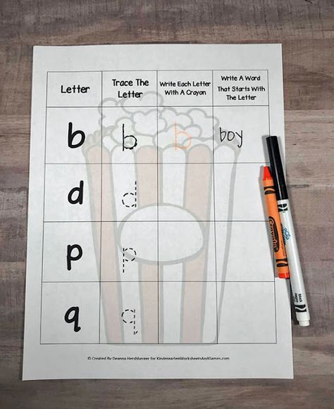 B And D Worksheets, Letter Reversal Activities, Letter Reversal Worksheets, Kindergarten Math Printables, B And D, Crayon Letter, Letter Reversals, Free Popcorn, Alphabet Worksheets Kindergarten