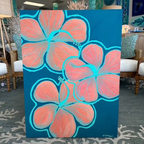 30x 40 Original Hibiscus Painting Sunshine & Sweet Peas Coastal Decor Cute Painted Canvas Ideas, Peaceful Canvas Painting, 12 By 12 Canvas Painting, Outdoors Painting Ideas, Easy Painting Backgrounds, Painted Canvas Wall Art, Cool Painting Ideas On Canvas Creative, Blue Things To Paint, How To Paint Hibiscus