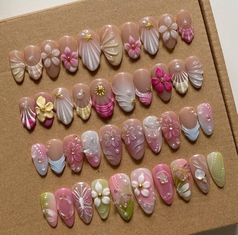 Lily Nails Designs, Backtoschool Nails, French Press On Nails, Sticker Butterfly, Beachy Nails, 3d Flower Nails, Japanese Nail, Medium Almond, Cute Simple Nails