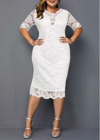 Plus Size Dresses | ROTITA Mid Length Lace Dress, Plus Size White Dress, White Dress Classy, Lace Dress Classy, Jacket Dresses, White Lace Midi Dress, African Prom Dresses, Sleeve Silhouette, Plus Size White