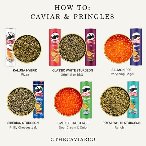 But, how do you choose? Try them all or take the guesswork out, order from the official @pringles x @thecaviarco Crisps & Caviar… | Instagram Pringles Pizza, Caviar Bar, Caviar Appetizers, Types Of Caviar, Holiday Treat Ideas, White Sturgeon, Bbq Salmon, Food Knowledge, Salmon Roe