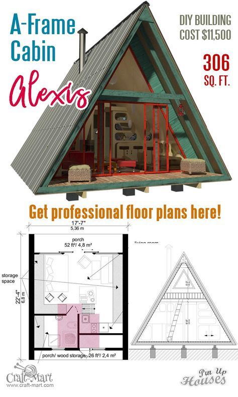 These small house plans with a loft well worth their price considering you may consult the architect through email or website in case of any construction questions. One of the best A-frame house plans on the market! #tinyhouse #a-framehouse A Frame Tiny House Plans Loft, Small A Frame House Plans, Tiny House A Frame Plans, Tiny House Blueprints Floor Plans, A Frame Shed Plans, A Frame Cabin Loft, Tiny A Frame House, House Plans With A Loft, A Frame Cabin Floor Plans