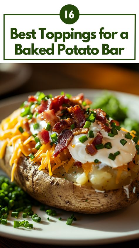 A loaded baked potato bar with popular toppings like cheddar cheese, sour cream, bacon, and chives arranged for a gathering. Bake Potatoes Topping Ideas, Baked Potatoes Bar Toppings, Baked Potatoes With Toppings, Ultimate Baked Potato, Baked Potato Party Bar, Bake Potatoes Recipes Stuffed, Bake Potatoes Bar Ideas, Baked Potatoes Charcuterie Board, Baked Potato And Chili Bar